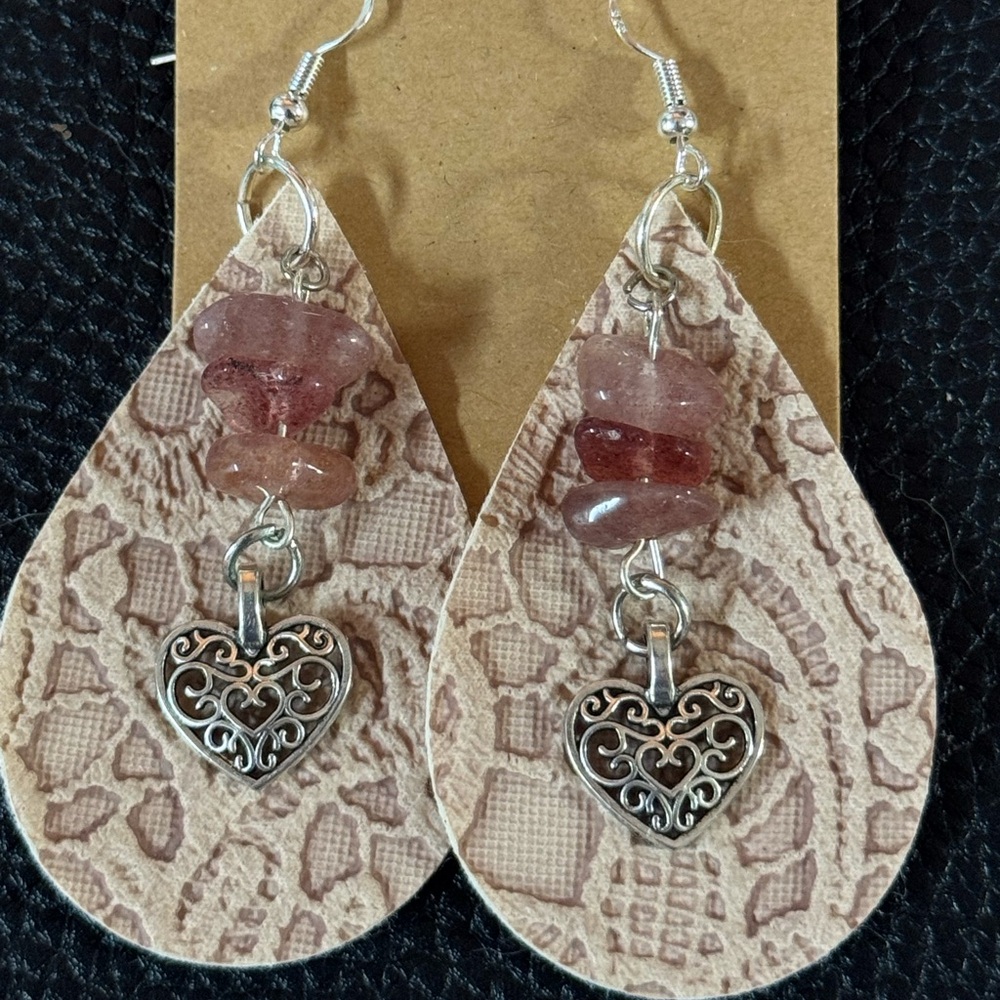 Handmade lace tooled pale pink faux leather earrings